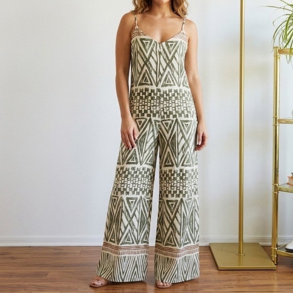 Upstar Green Geometric Wide Leg Viscose Jumpsuit, Small Made in Italy